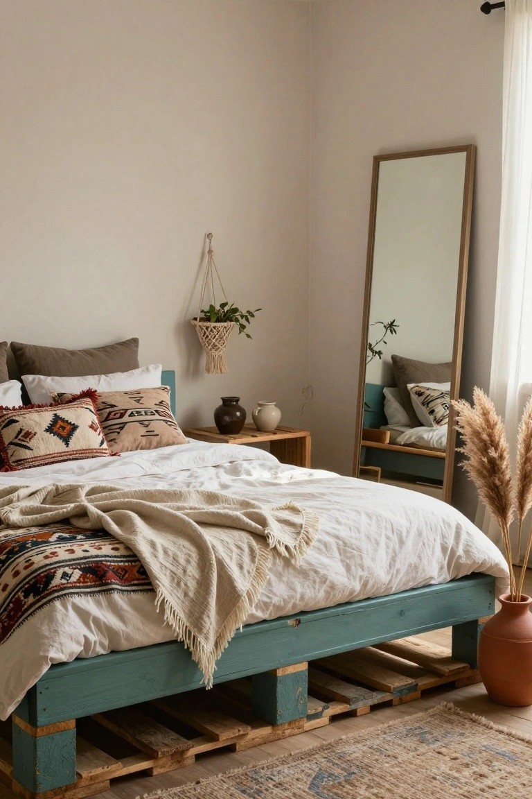 Bedroom corner with teal-painted pallet bed frame holding white sheets and neutral bedding accented by patterned pillows and woven throws, next to wooden nightstands, a tall wood-framed mirror, hanging plant, pampas grass in terracotta pot, and patterned rug on floor.
