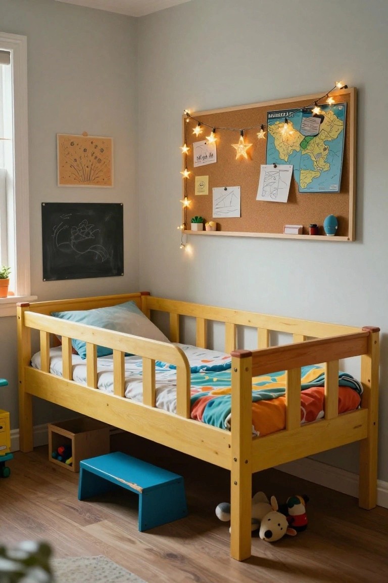 A cozy child's bedroom with a low yellow wooden toddler bed featuring guardrails, colorful bedding, a corkboard wall with string lights and world map, chalkboard, toys, and a blue step stool on wooden floors.
