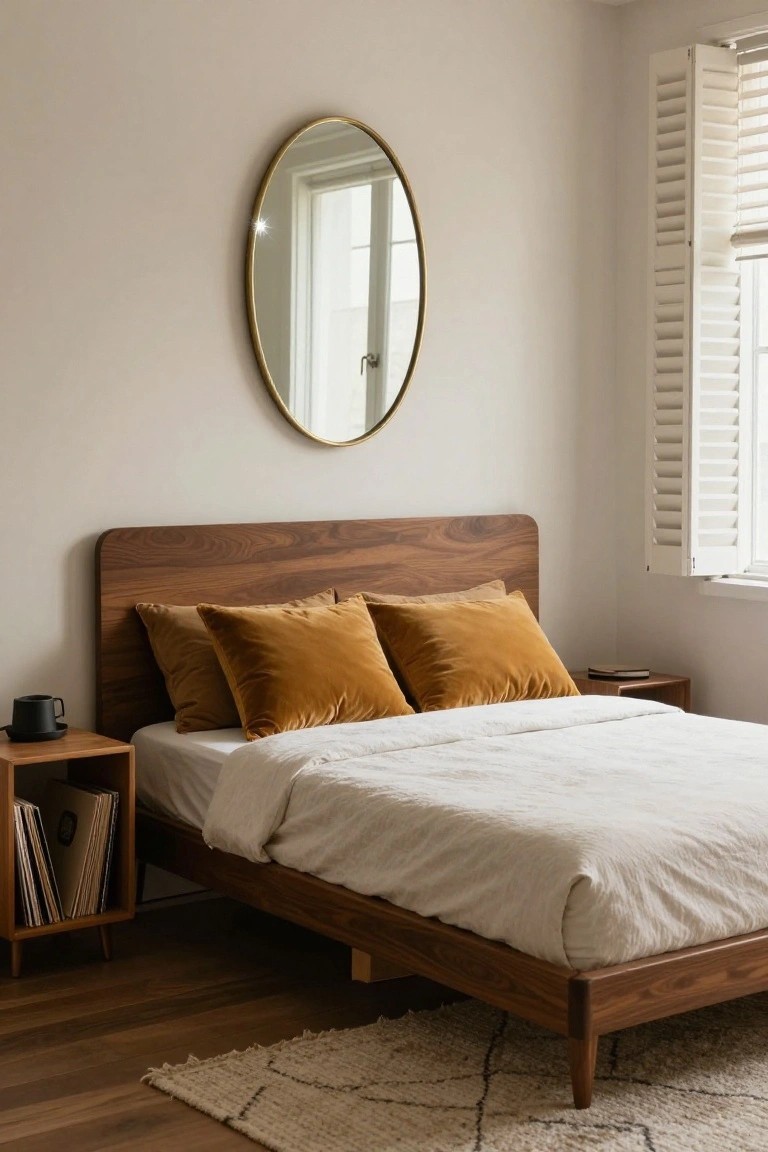 Bedroom interior with low-profile walnut wood platform bed, white duvet, mustard velvet pillows, wooden nightstand holding records and mug, gold-framed oval mirror, white plantation shutters on window, beige walls, and white rug on wood floors.
