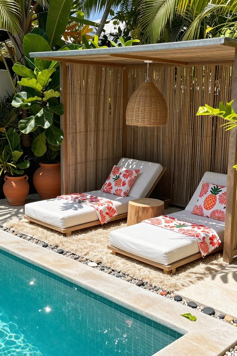 Two cushioned daybeds with colorful floral and pineapple pillows and throws sit under a bamboo screen enclosure next to a turquoise pool, with tropical plants and terracotta pots nearby.