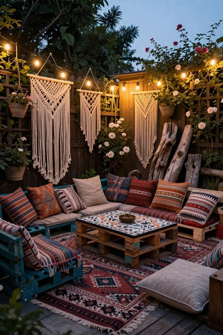 Outdoor lounge area featuring pallet-based seating and table with colorful patterned cushions and pillows, woven rugs, macrame wall hangings, string lights, potted plants, and climbing roses against a wooden fence at dusk.
