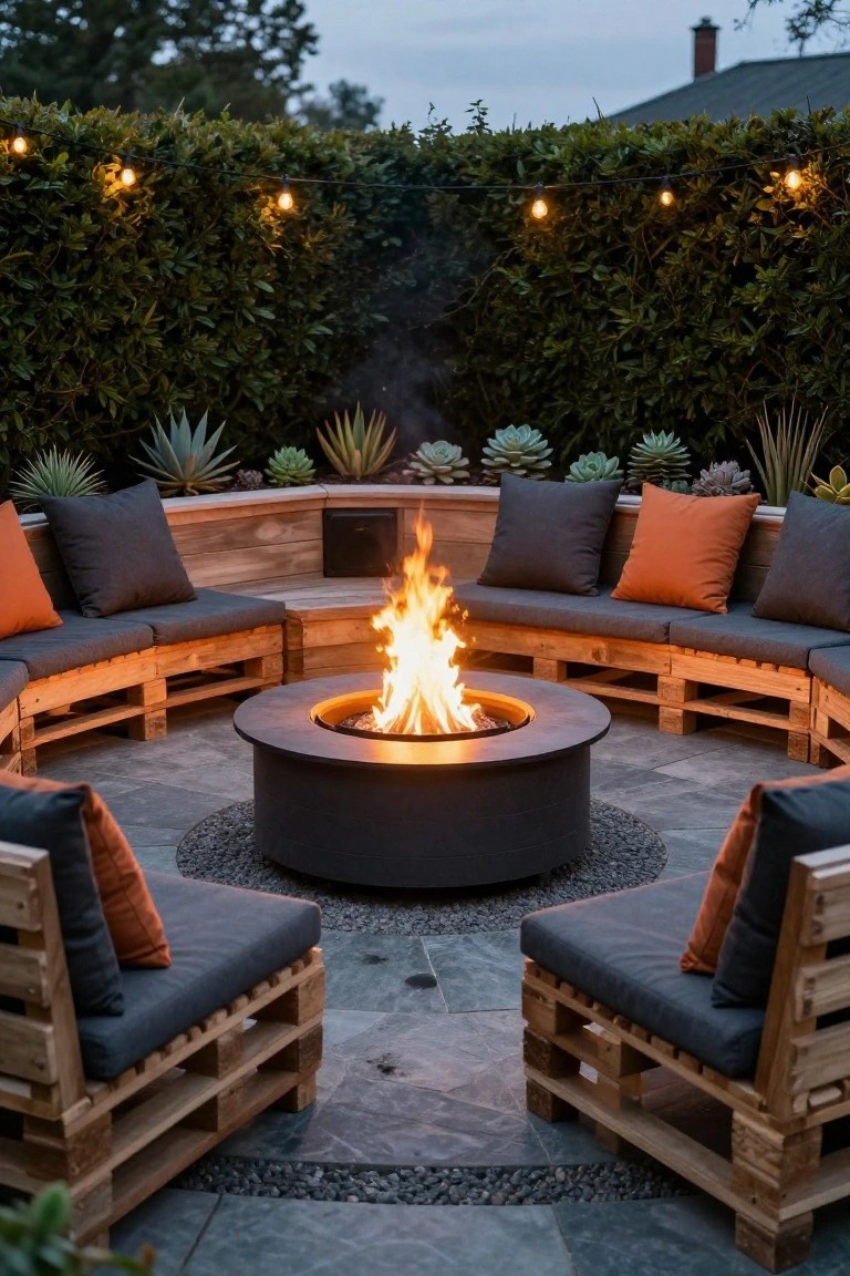Outdoor patio with central circular gray concrete fire pit surrounded by curved wooden pallet benches topped with gray and orange cushions, string lights overhead, hedges in background, and potted succulents nearby.