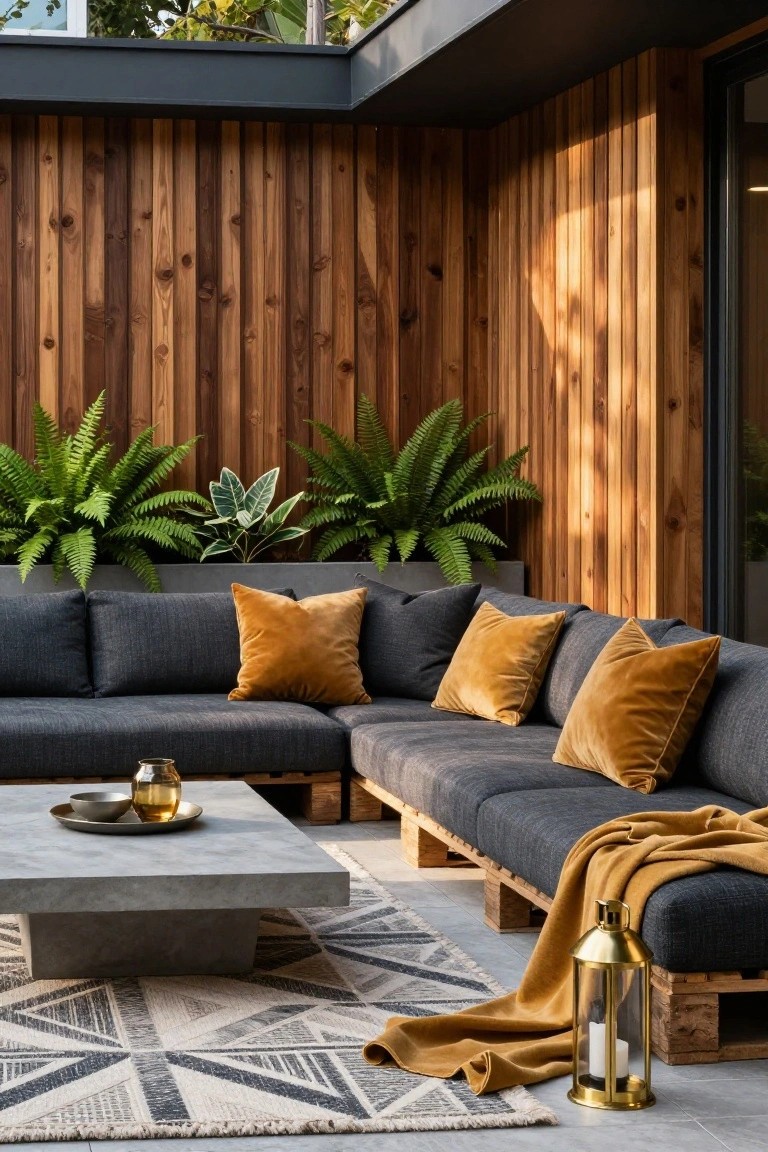 L-shaped outdoor lounge sofa on wooden pallet bases with dark gray cushions, mustard yellow pillows and throw, concrete coffee table, ferns in concrete trough against vertical wooden wall and glass doors on tiled patio.