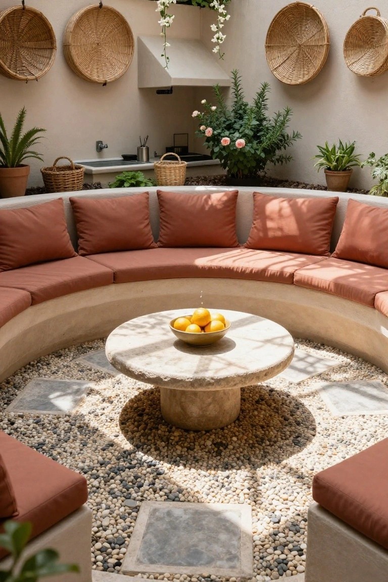 Curved beige stone banquette with rust-colored cushions encircles a round stone table holding lemons in a pebbled outdoor courtyard surrounded by plants, baskets, and a sink area.