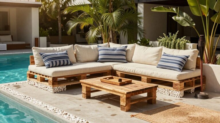 L-shaped outdoor sofa made from stacked wooden pallets with white cushions and navy blue striped pillows, low wooden pallet table in front, next to a pool with ocean view, tropical plants, and tiki torches nearby.