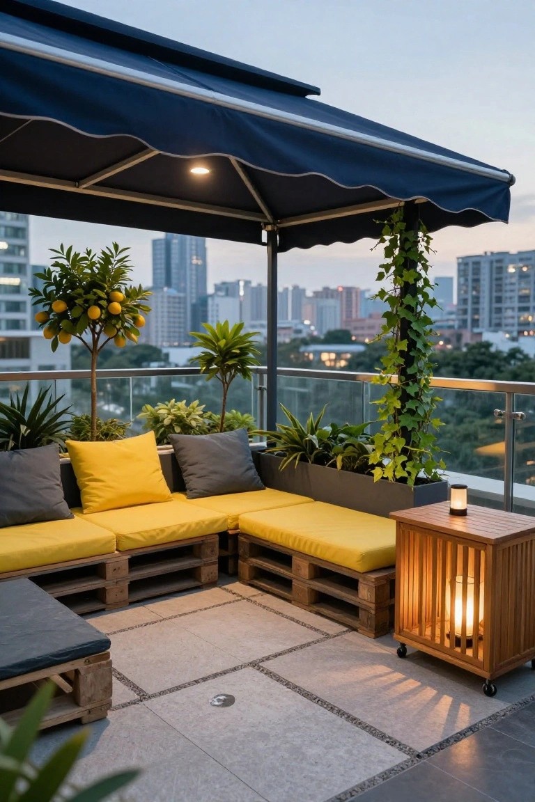 L-shaped outdoor lounge seating made from wooden pallets with yellow and gray cushions on a balcony, surrounded by potted plants and vines under a blue awning, overlooking a city skyline at dusk.