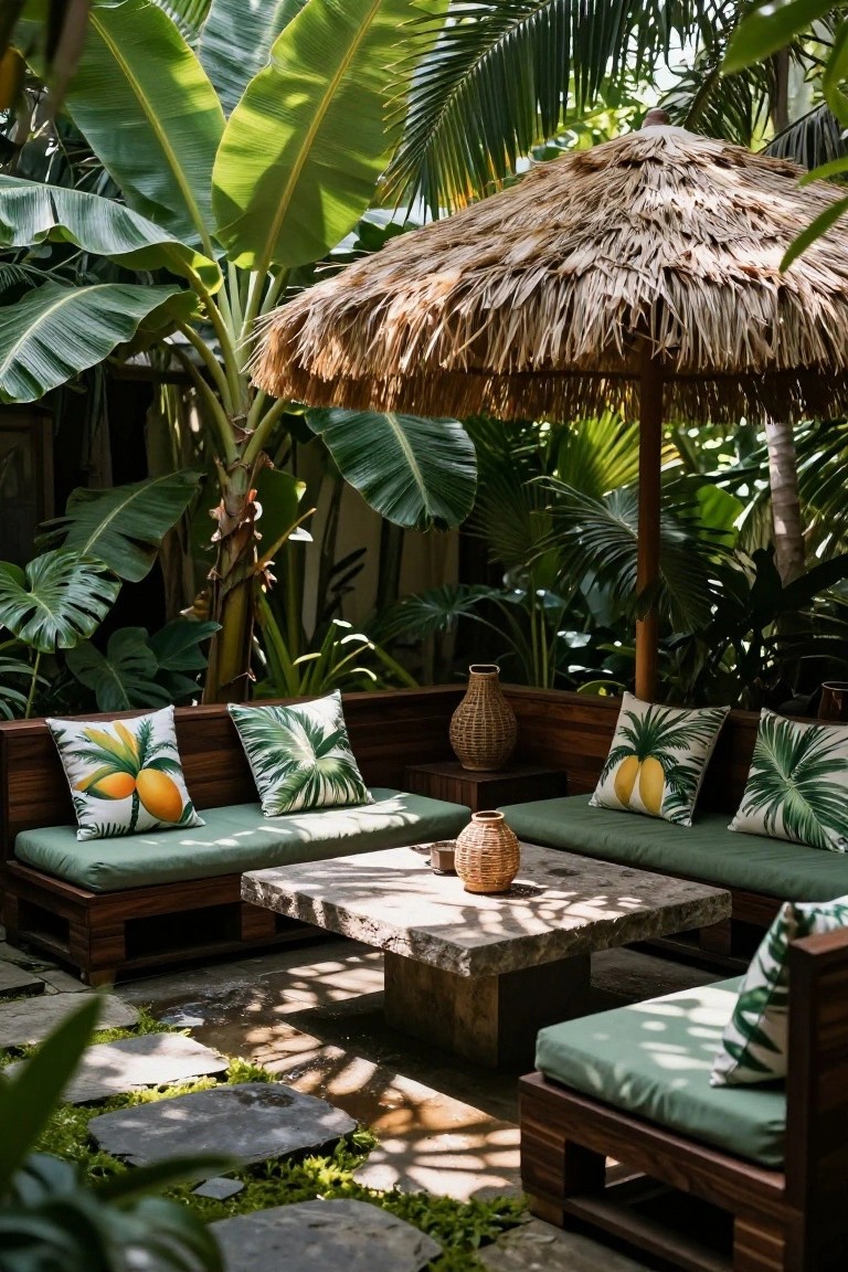 L-shaped wooden pallet benches with green cushions and tropical printed pillows around a low stone table under a thatched umbrella in a lush tropical garden patio with banana plants and stone pavers.