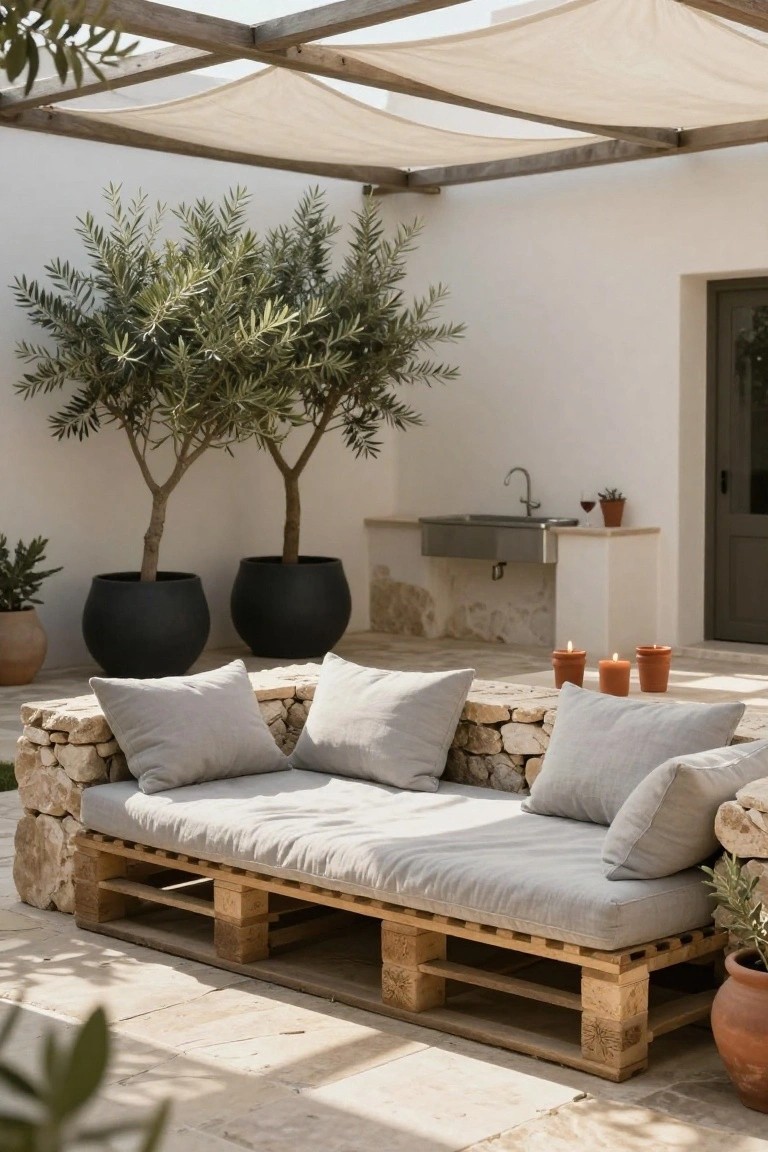 Outdoor terrace with a low wooden pallet daybed topped by gray cushions against a stone wall, two olive trees in large black pots, an outdoor sink on a white wall, terracotta candles and pots on stone, under a wooden pergola draped with beige shade cloth.