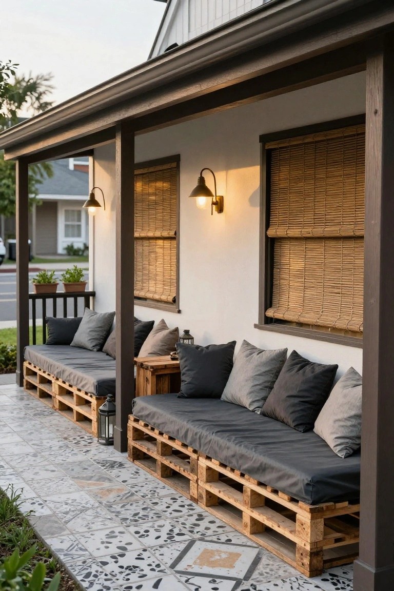 Covered porch with two wooden pallet benches topped with gray and black cushions, wooden side tables, lanterns, and wall sconces next to windows covered in bamboo blinds on a tiled patio.