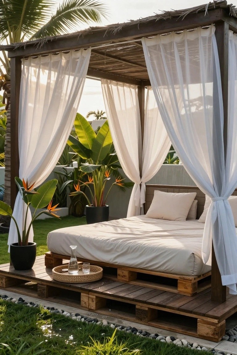 Wooden pallet platform holding a large beige bed with pillows under a thatched pergola draped in white sheer curtains, surrounded by tropical plants, potted bird of paradise flowers, and grass in a garden setting.