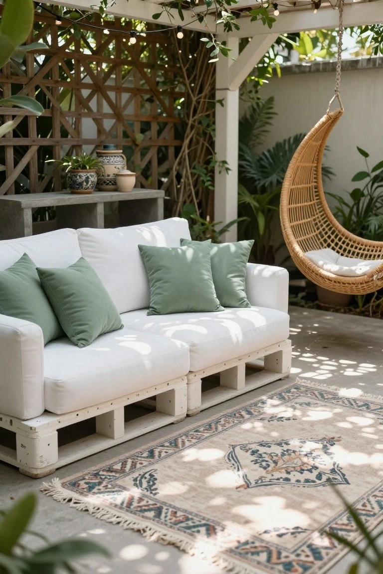 White sofa on pallet base with green and white cushions on a patterned rug in an outdoor patio area, next to a rattan hanging swing, surrounded by plants, shelves, and string lights under a wooden pergola.
