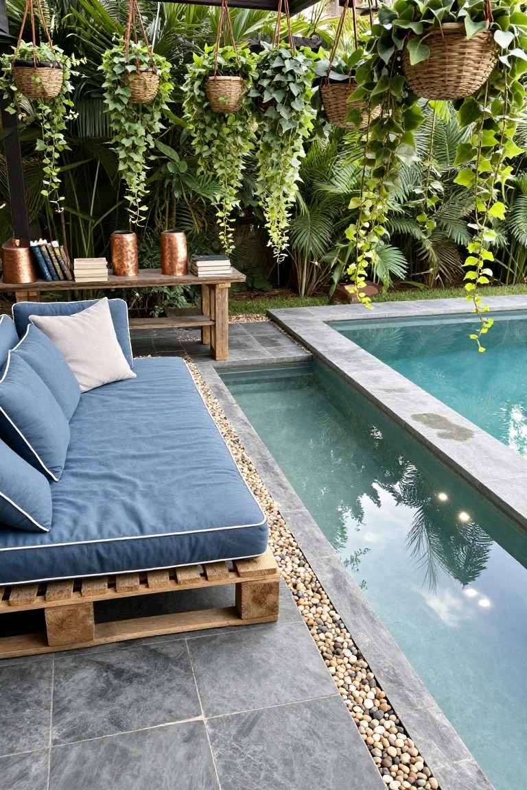 Wooden pallet lounge with blue cushions and white pillows positioned along the edge of a rectangular pool with gray stone tiles, pebble border, and surrounding tropical plants in hanging baskets.