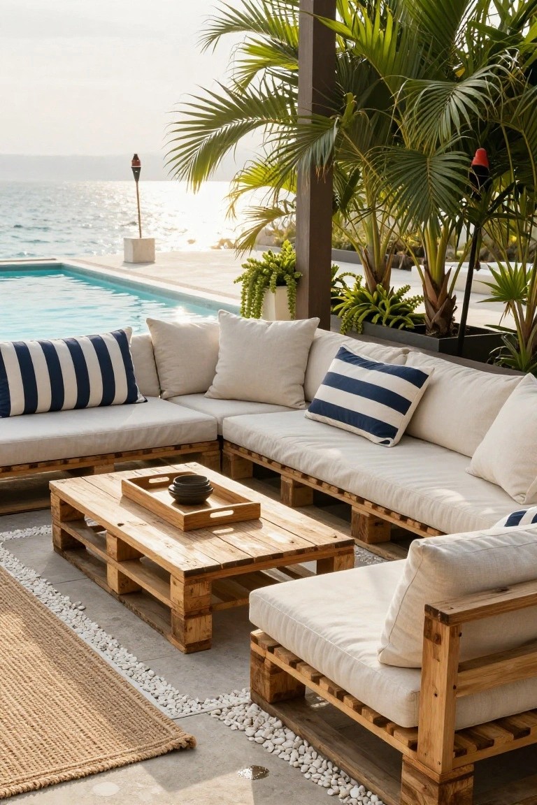 L-shaped outdoor sofa made from stacked wooden pallets with white cushions and navy blue striped pillows, low wooden pallet table in front, next to a pool with ocean view, tropical plants, and tiki torches nearby.