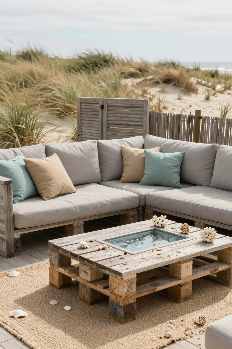 L-shaped outdoor lounge seating constructed from wooden pallets with gray cushions and teal and beige pillows on a deck, low pallet coffee table with glass basin of water and seashells, surrounded by beach grass and sand near the ocean.