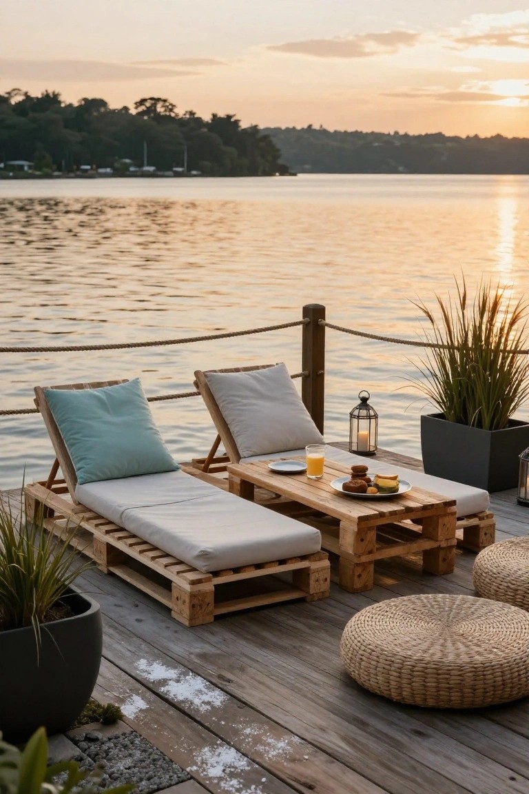 Two wooden pallet lounge chairs with white and teal cushions on a dock by a lake at sunset, with a pallet table holding orange juice, pastries, potted grasses, lanterns, and rattan poufs nearby.