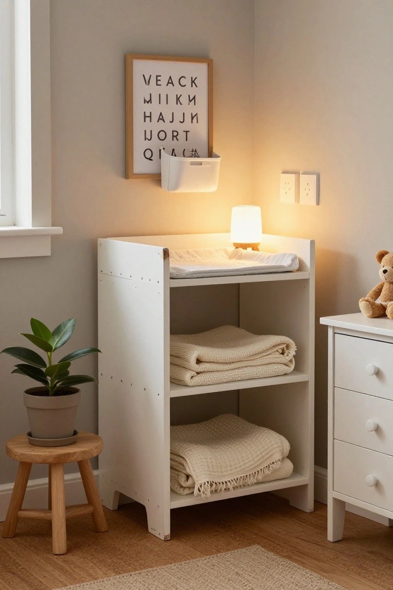 Corner of a light gray nursery room with a white wooden changing table on shelves holding folded blankets, a potted green plant on a wooden stool, a teddy bear on a white dresser, and a framed alphabet poster on the wall.