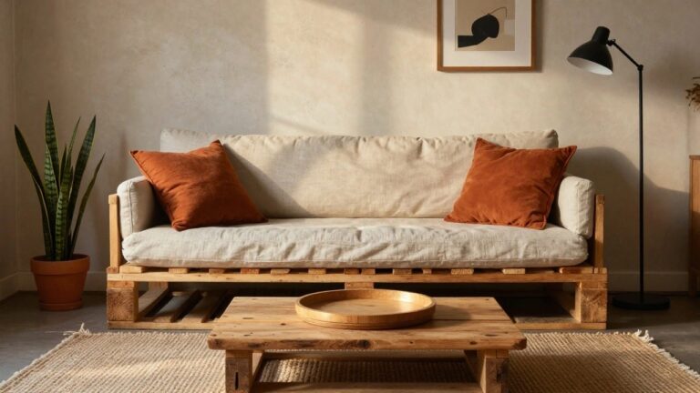 Beige L-shaped sofa built on wooden pallets with open storage base in a light-walled living room, featuring orange throw pillows, a wooden pedestal coffee table, potted snake plant, desk lamp, and abstract framed artwork on the wall.