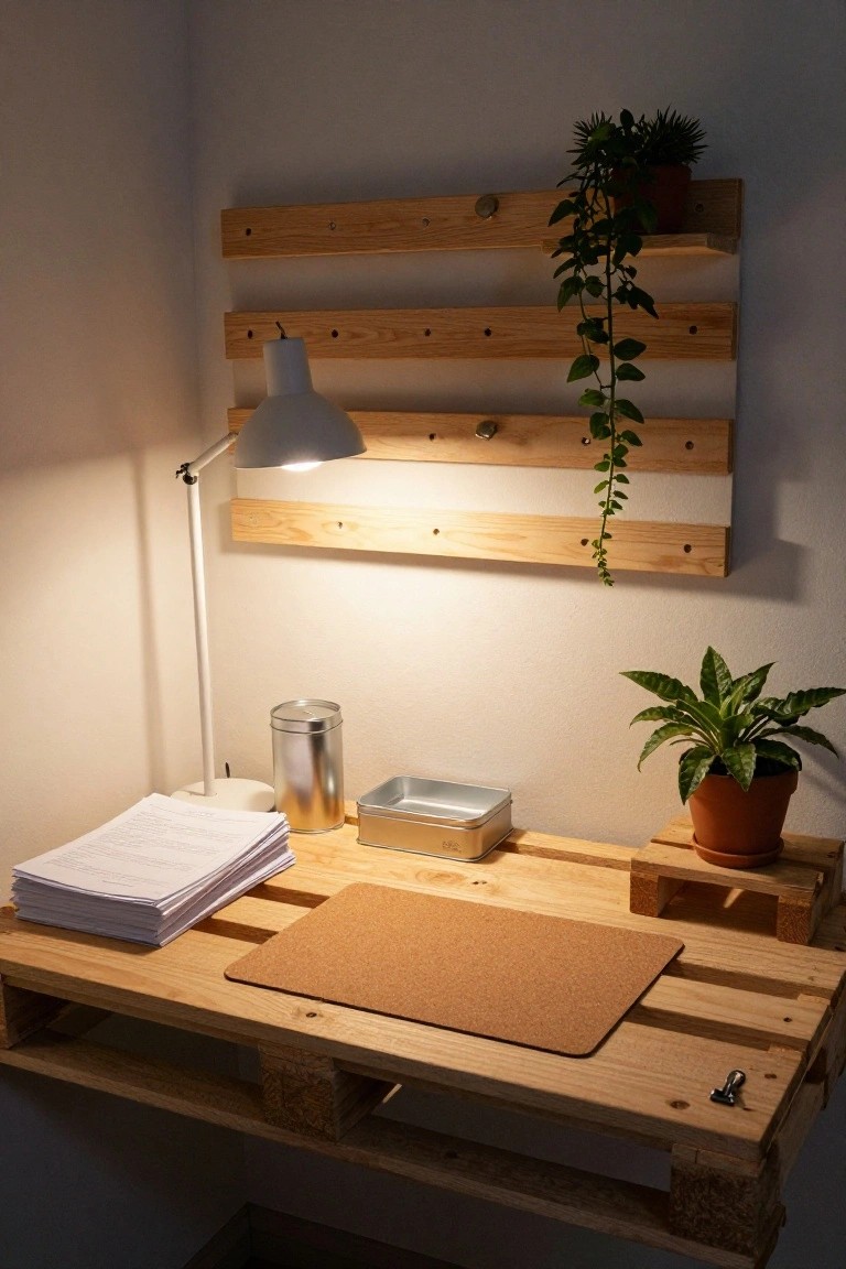 Corner indoor workspace with a wall-mounted wooden pallet desk topped by a cork mat, stacked papers, metal tins, desk lamp, and potted plants on overhead wooden shelves.