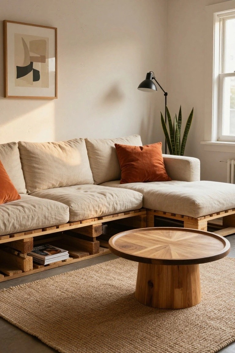 Beige L-shaped sofa built on wooden pallets with open storage base in a light-walled living room, featuring orange throw pillows, a wooden pedestal coffee table, potted snake plant, desk lamp, and abstract framed artwork on the wall.