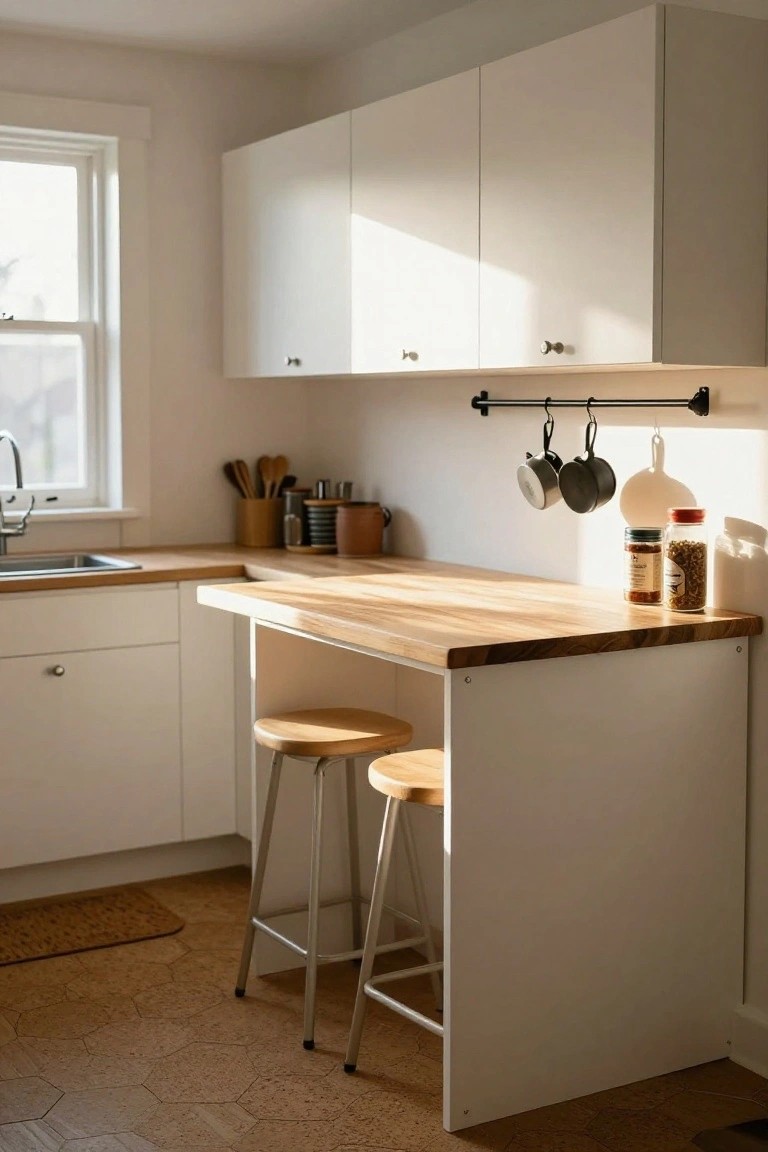 Small white kitchen with wooden countertop peninsula, two bar stools, hanging pots and utensils, sink, and window letting in sunlight over cork hexagon floor tiles.
