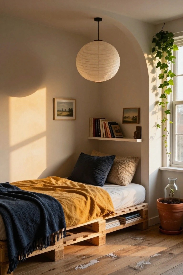 Small bedroom alcove with low wooden pallet bed frame holding white mattress and yellow blanket, navy pillows, floating white shelf with books above, potted plants, and paper lantern light.