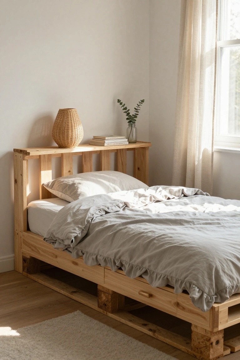 Wooden pallet bed frame with slatted headboard shelf holding a rattan lamp and vase of eucalyptus, light gray ruffled duvet on white sheets, sheer curtains on window, white walls, light wood floor, small rug nearby.