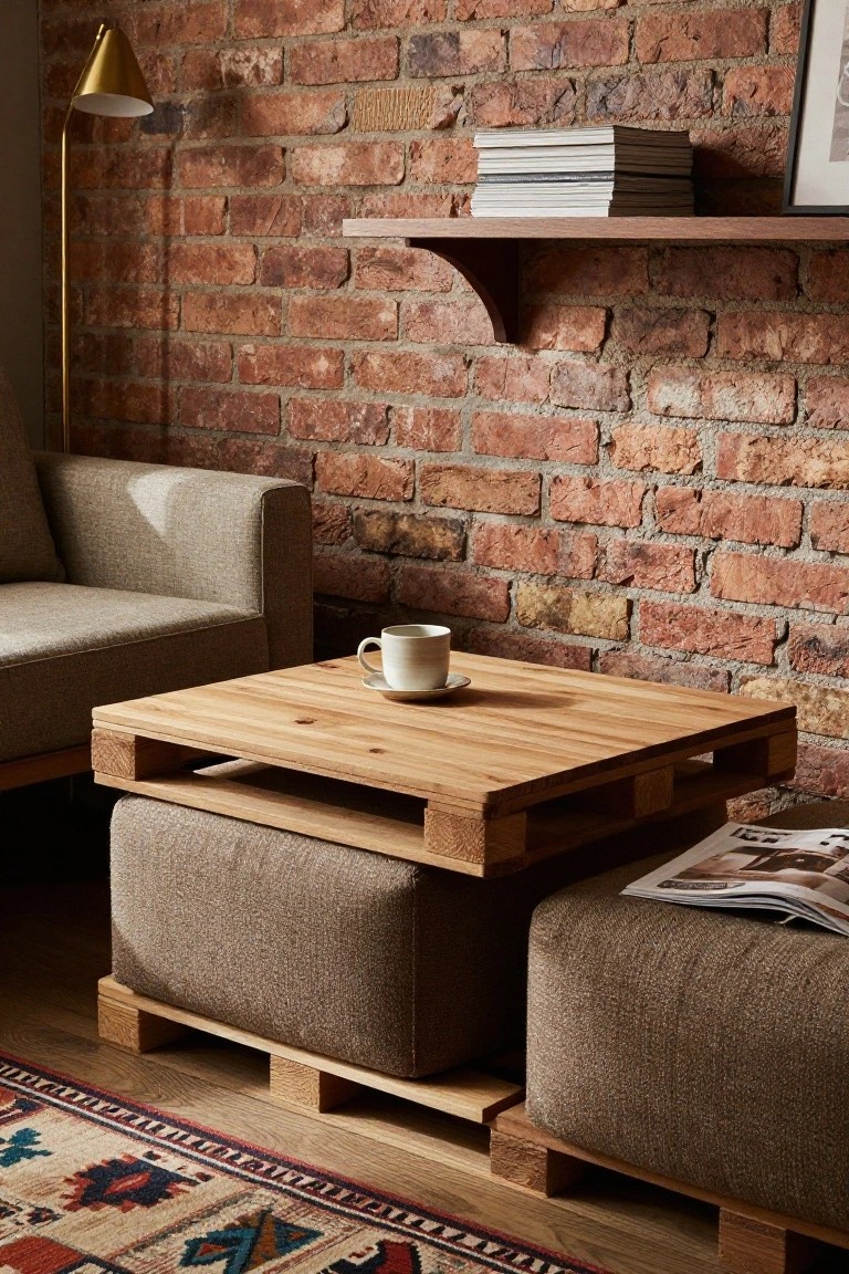A cozy indoor living room corner with a low wooden pallet coffee table holding a white mug and saucer, two matching upholstered pallet ottomans, a gray fabric sofa, exposed brick wall, wooden shelves with books, gold lamp, and patterned rug on wood floor.