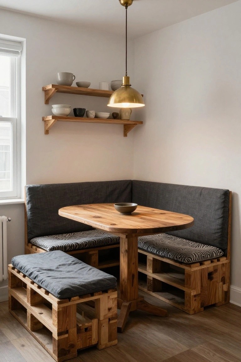 Corner booth seating in a white-walled room made from stacked wooden pallets with gray and zebra-patterned cushions, an oval wooden table with a bowl on top, wooden shelves with ceramic bowls, and a brass pendant light hanging above.