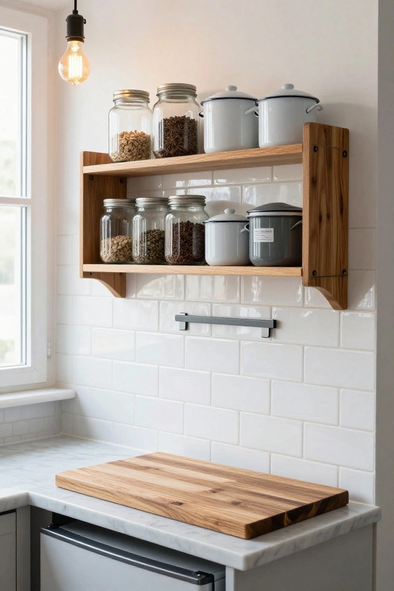 Wooden open shelf unit mounted on white subway tile wall in a kitchen, holding glass jars filled with grains and beans plus white and gray enamel pots, above marble countertop with wooden cutting board and gray fridge drawer.