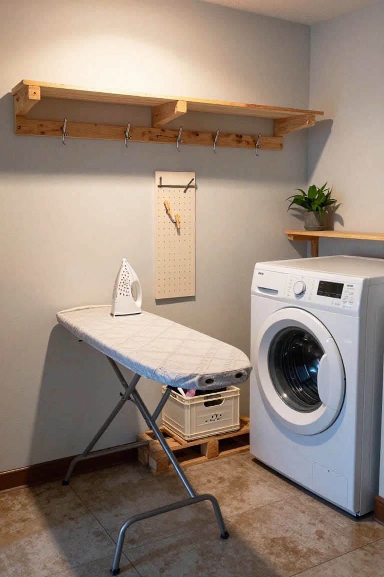 Small indoor laundry room featuring a white front-loading washing machine next to a folding ironing board with a white iron, a pegboard with clips on the wall, wooden pallet shelf with hooks mounted high, a potted plant on another shelf, and plastic crates on a pallet base.
