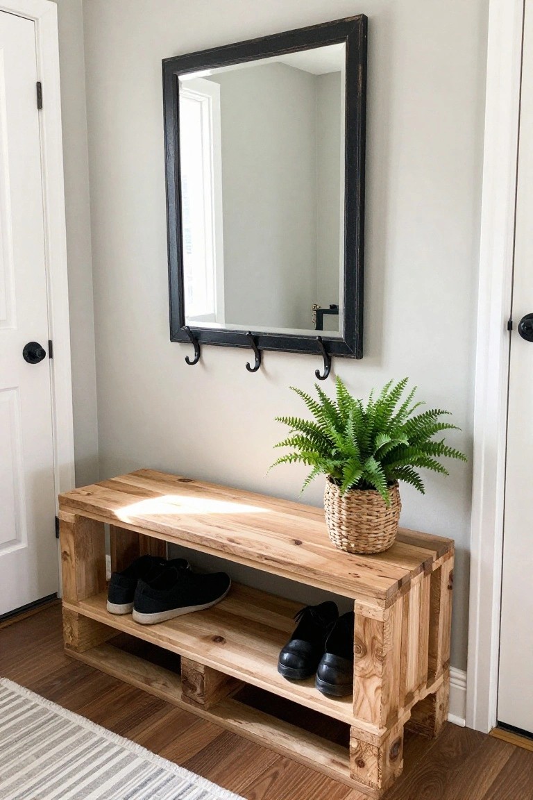 Wooden pallet bench with black shoes stored underneath in a light gray hallway, fern plant in basket on bench, black-framed mirror with hooks above, white doors on either side.