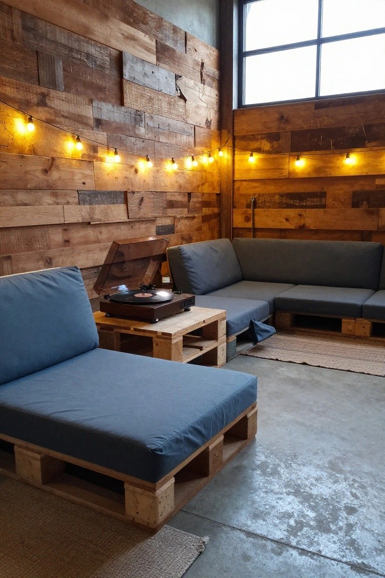 Indoor lounge corner with L-shaped gray fabric pallet sofa, wooden pallet table topped with a record player and vinyl record, reclaimed wood plank wall, yellow string lights, and large metal-framed window.