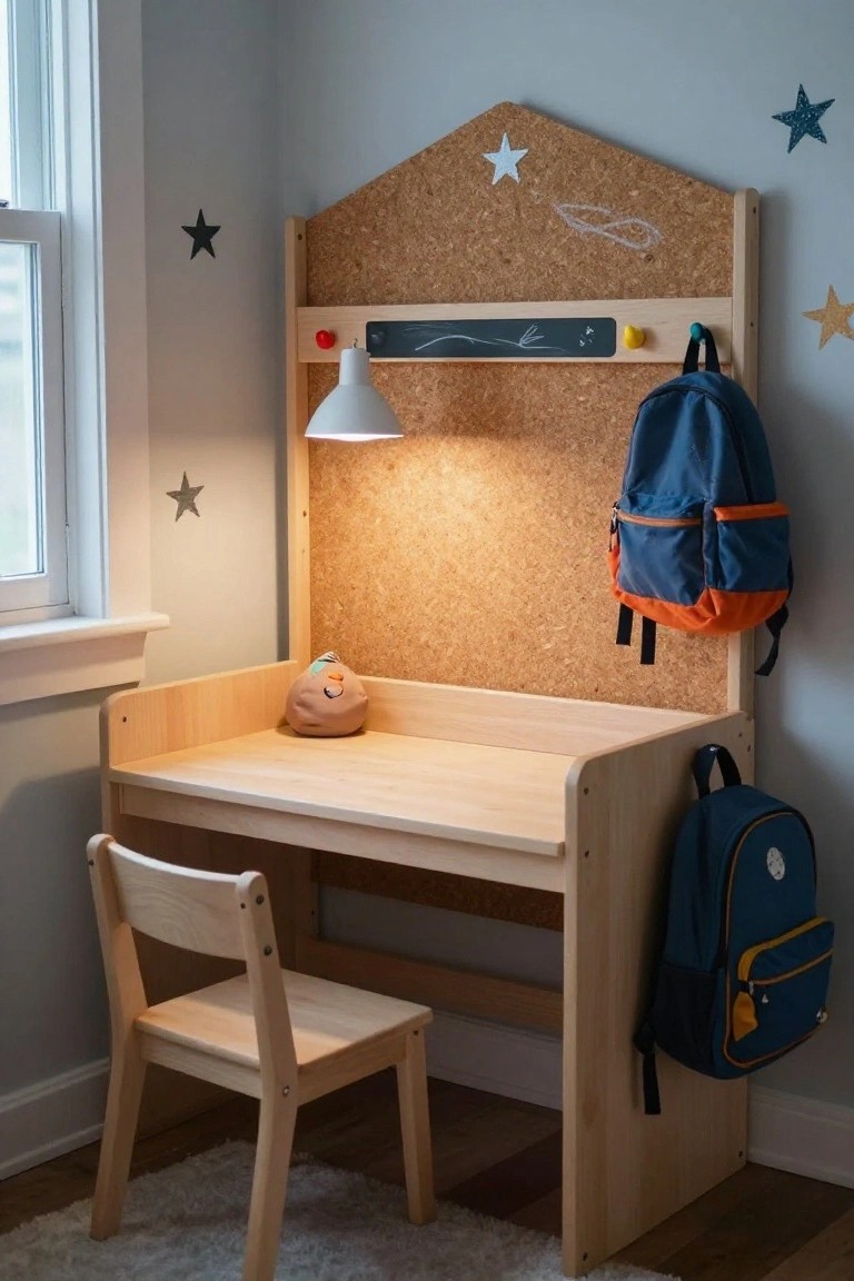 Wooden child's desk with corkboard backing, chalkboard ledge, desk lamp, stuffed toy on surface, two backpacks on side hooks, small wooden chair, in corner of light gray room with window.