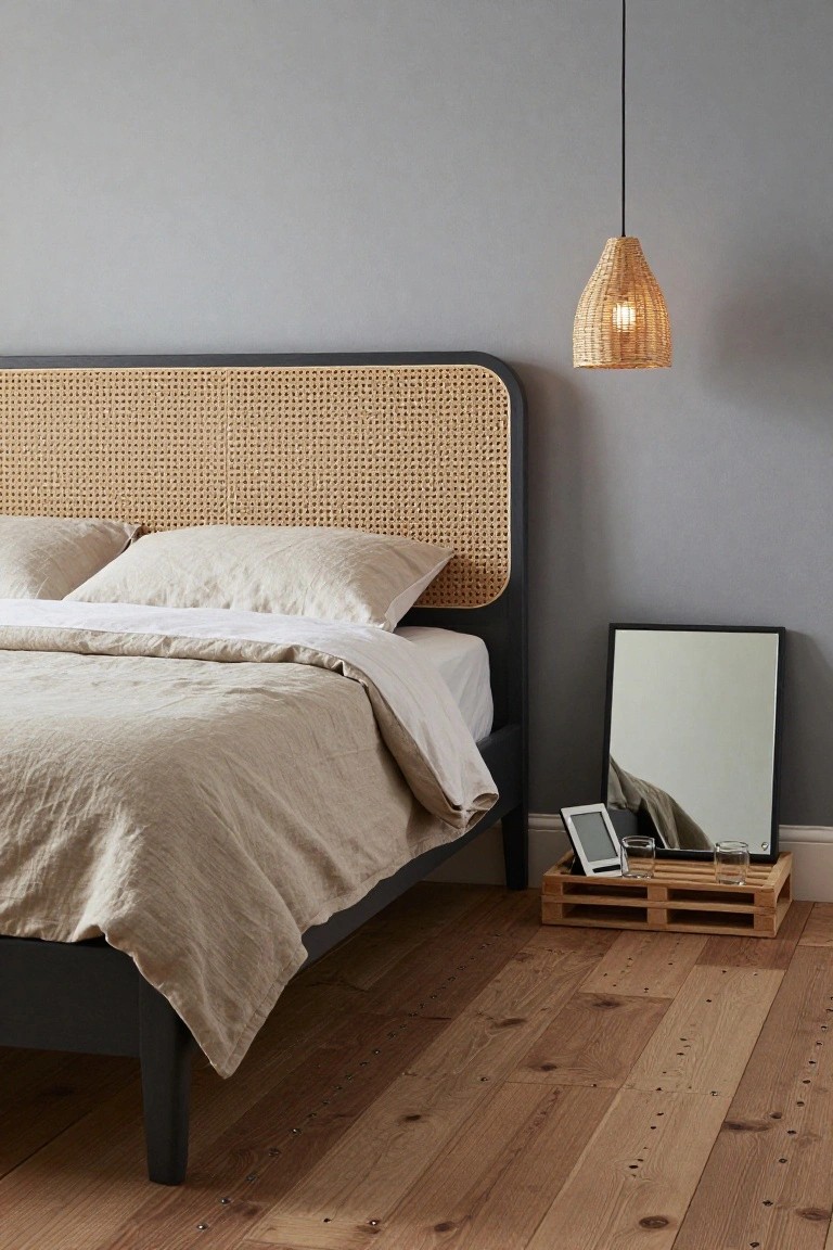 Bedroom interior with black bed frame featuring rattan headboard, beige linen bedding and pillows, gray walls, wooden plank floor, hanging wicker pendant light, black-framed mirror leaning on floor, and wooden pallet crate beside bed holding digital frame and glasses.