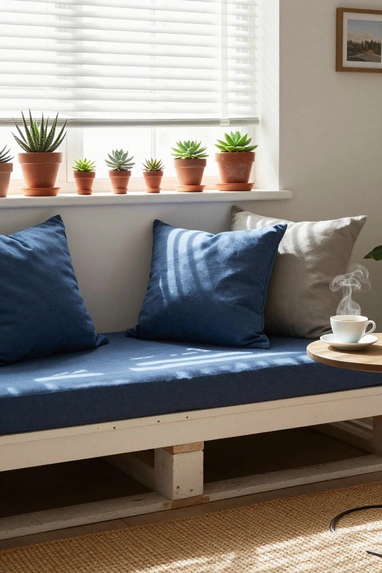 Wooden pallet bench with blue denim cushions under a window lined with potted succulents, white blinds partially open, a cup and saucer of steaming tea on a round wooden side table, beige rug on floor.