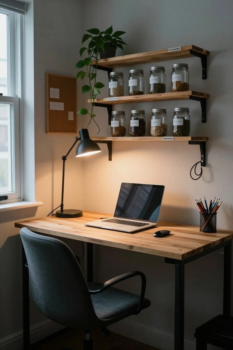 Corner indoor workspace featuring a wooden desk with a laptop and mouse, black desk lamp, gray office chair, and overhead wooden shelves stocked with labeled glass jars containing spices, nuts, and grains.