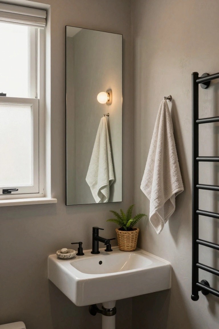 Corner white porcelain sink with black faucet and soap dish on greige wall in bathroom, tall black ladder towel radiator with two white towels hanging on it, large rectangular mirror, potted fern plant, and window with roller blind.