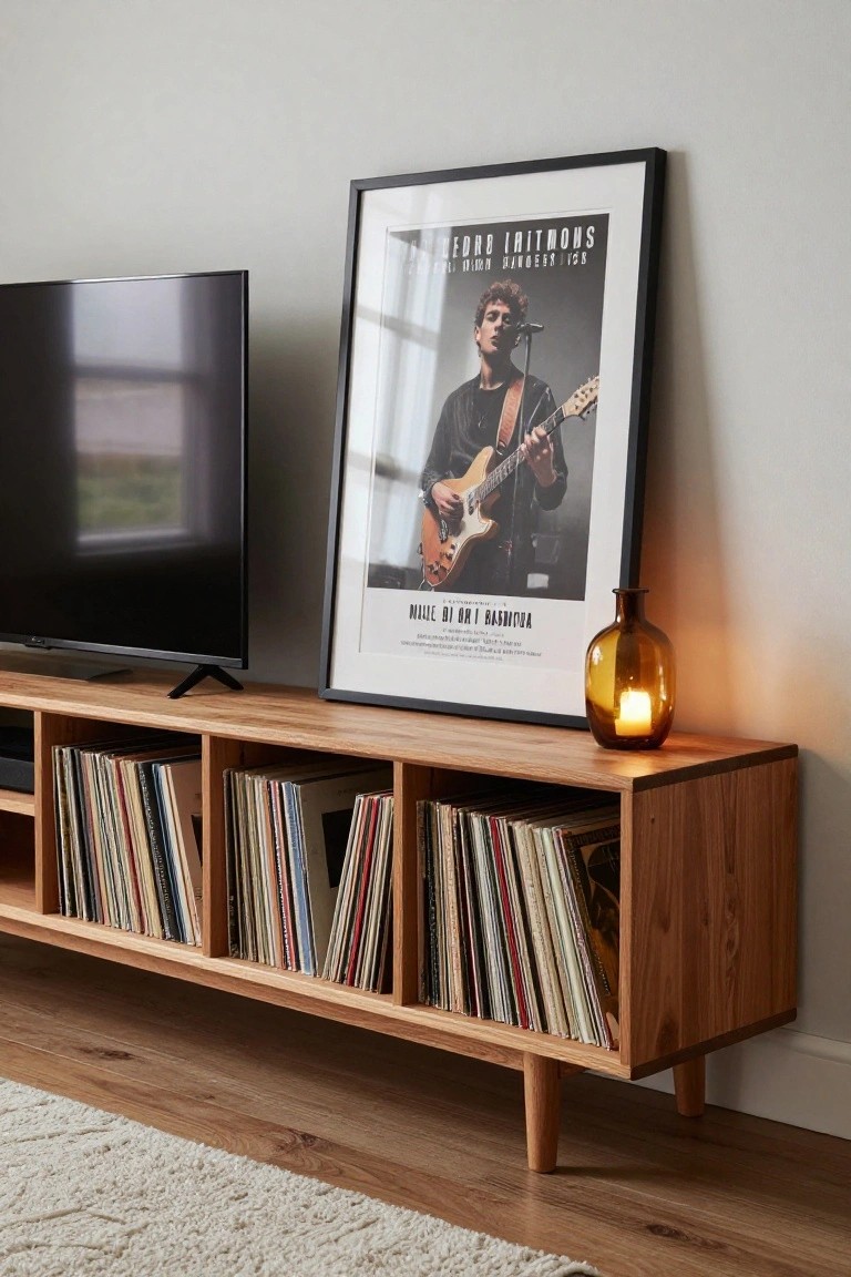 Wooden TV stand with open shelves filled with vinyl records, positioned next to a mounted television, a large framed poster of musician Léo Maïa on the wall, and an amber glass candle holder on top in a living room.