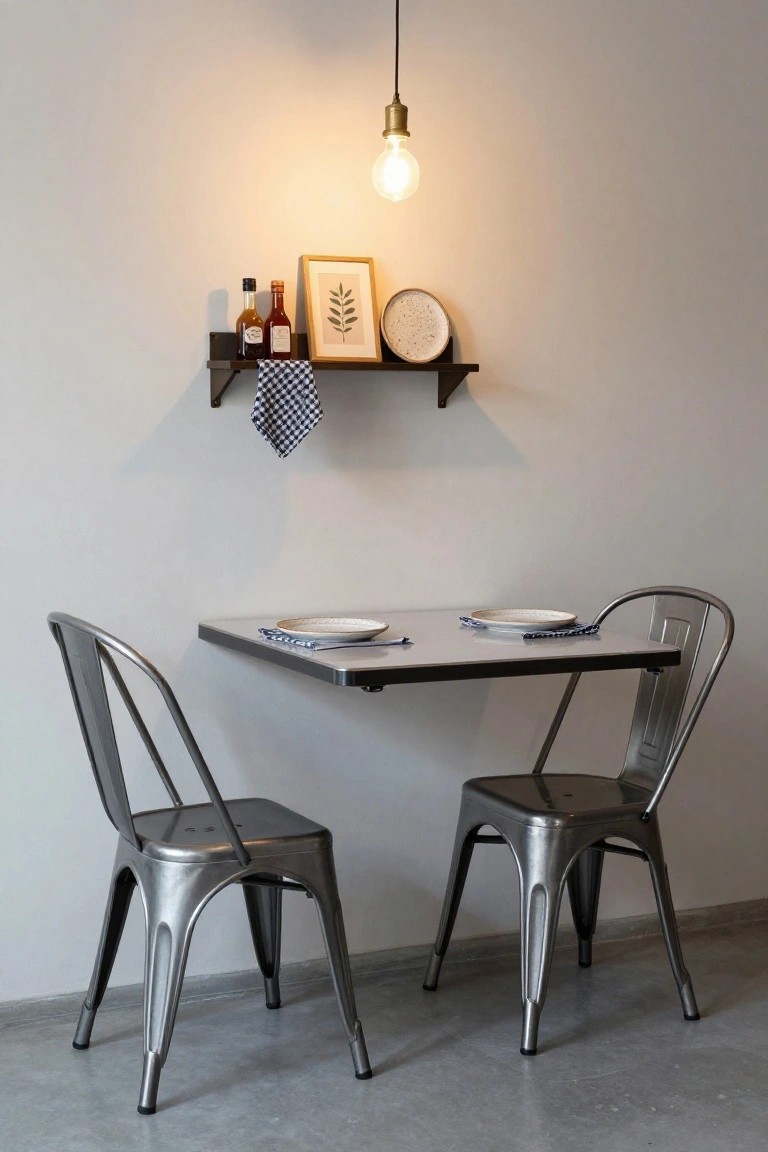 A compact wall-mounted metal dining table with two matching metal chairs positioned against a light gray wall, featuring a wooden shelf with bottles, plates, and a checkered napkin above, and a brass pendant light hanging nearby.