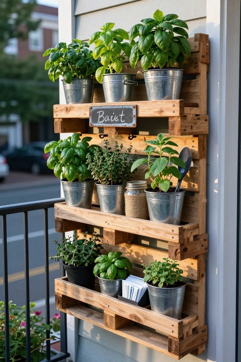 Three-tier vertical wooden pallet shelf mounted on a light blue house exterior wall beside a black metal balcony railing, with metal buckets and pots of basil and other herb plants plus a small trowel and jars.