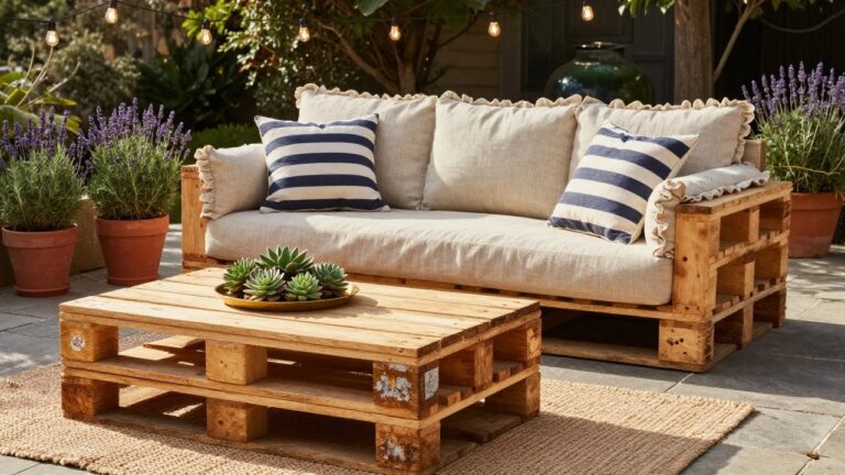22 Quick Pallet Projects For Fast Wins Wooden pallet sofa with beige cushions and blue striped pillows on a balcony, paired with a pallet coffee table holding small potted succulents, surrounded by potted herbs and lavender, string lights overhead, and garden view.