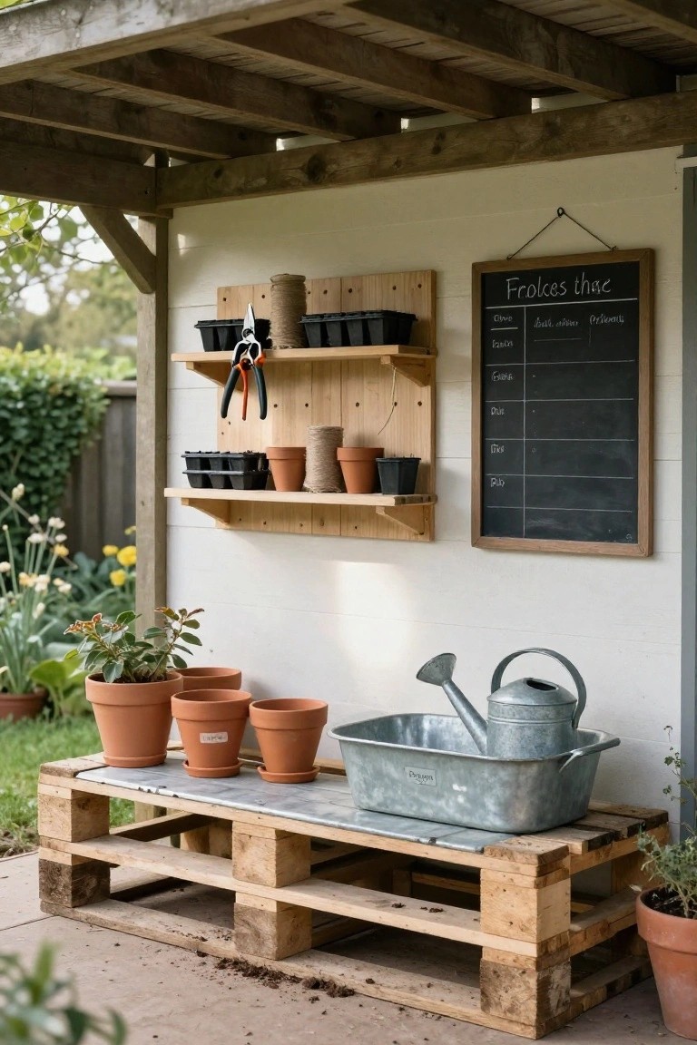 Wooden pallet bench topped with a metal tray holding a watering can, surrounded by terracotta pots and plants under a covered outdoor structure next to wall shelves with tools and a chalkboard.