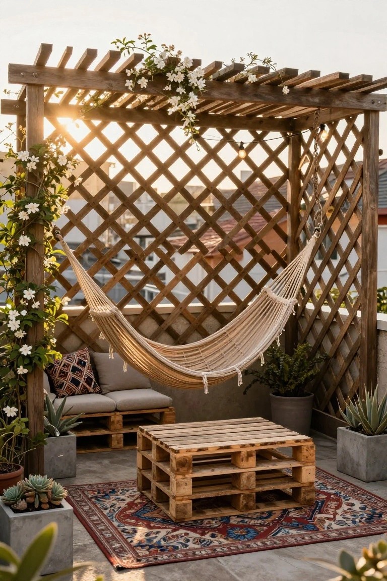 Balcony terrace with wooden pergola draped in white flowering vines, beige hammock hanging from beams, gray cushioned pallet sofa, wooden pallet coffee table on red and blue patterned rug, surrounded by potted plants including succulents and agave.