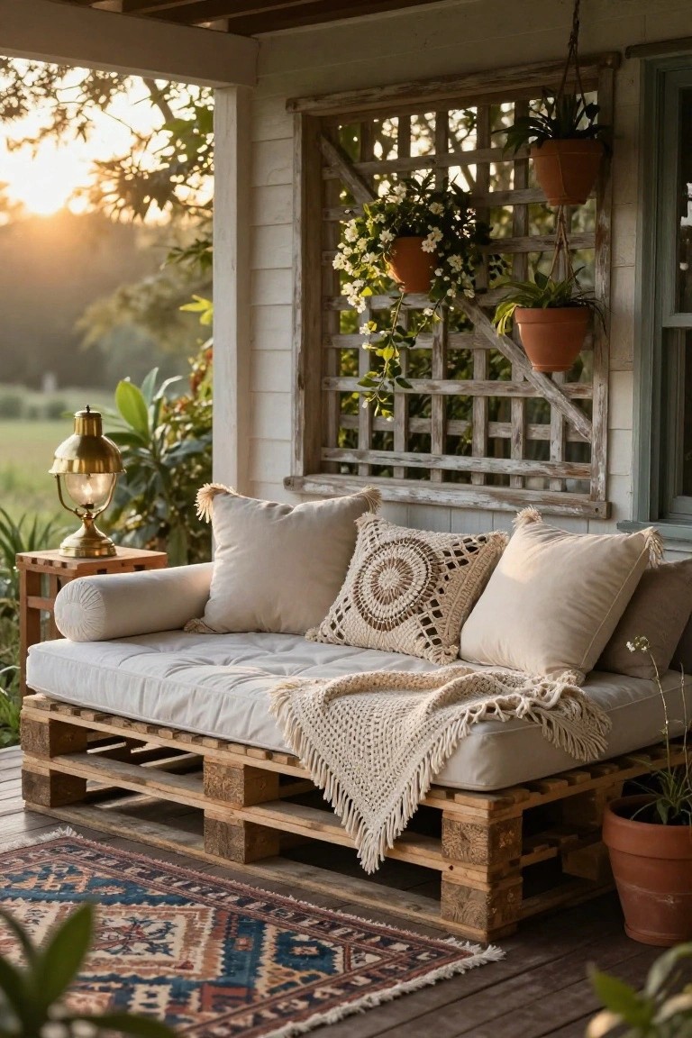 Wooden porch daybed made from stacked pallets with beige cushions, bolsters, and a crocheted throw blanket, next to potted plants and a patterned rug.
