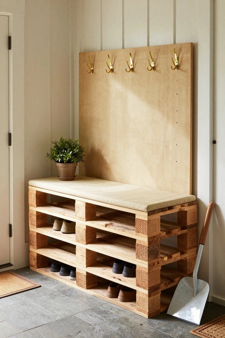 Wooden pallet bench with beige cushion and shoe storage shelves in a light entryway next to a door, with gold hooks on a plywood backboard above and a potted plant nearby.