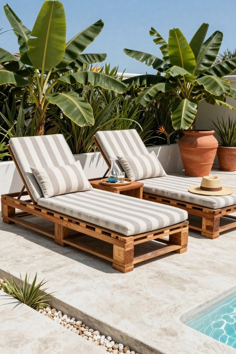 Two wooden pallet chaise lounges with gray striped cushions and pillows on a light-colored tiled pool deck, surrounded by potted plants, banana trees, and a swimming pool edge.