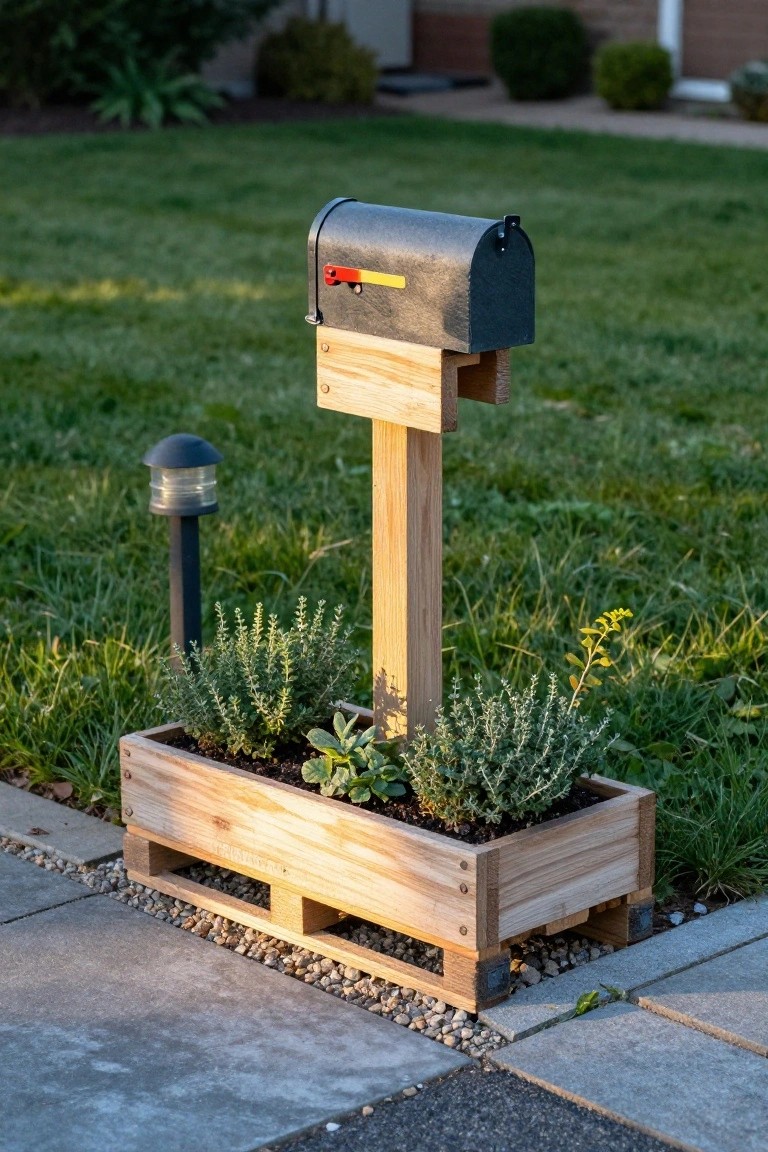 A black metal mailbox mounted on a tall wooden pallet post next to a matching pallet planter box filled with thyme plants and succulents, set in grass beside a concrete path and a short lamp post.