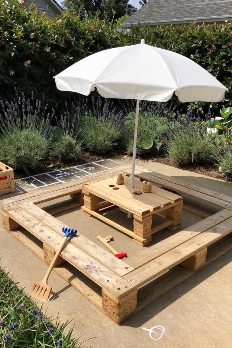 Wooden pallets arranged into benches surrounding a central low table on a concrete patio in a garden, with a white umbrella providing shade, lavender plants nearby, and children's toys on the table.