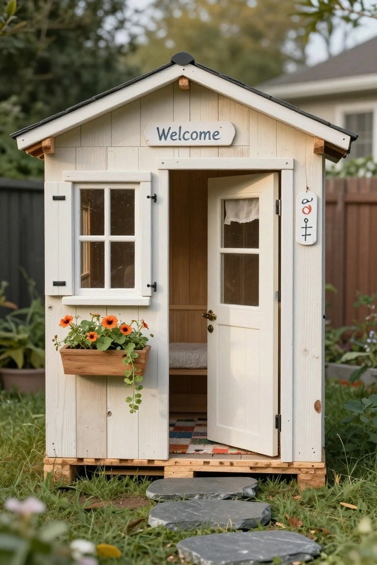 Small white wooden playhouse on pallet base in backyard garden with open door, flower box, welcome sign, and stone path leading up to it.