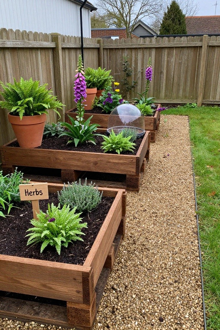 Three wooden raised garden beds constructed from pallets in a backyard, labeled
